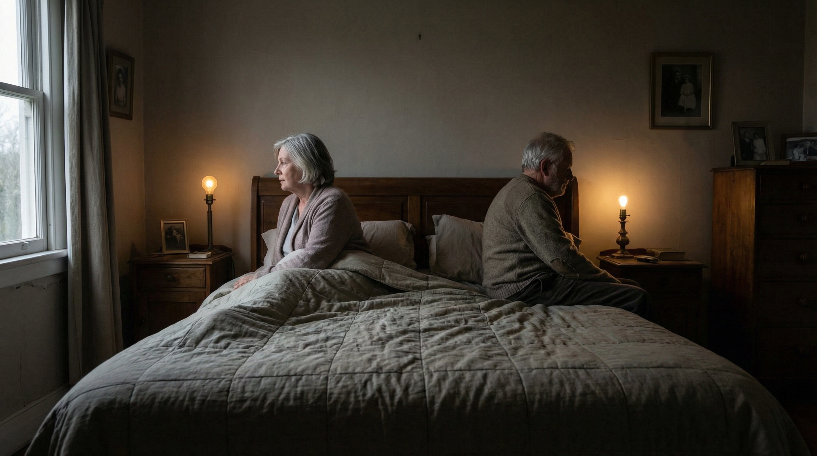 Couple lying in bed on opposite sides, emotionally distant