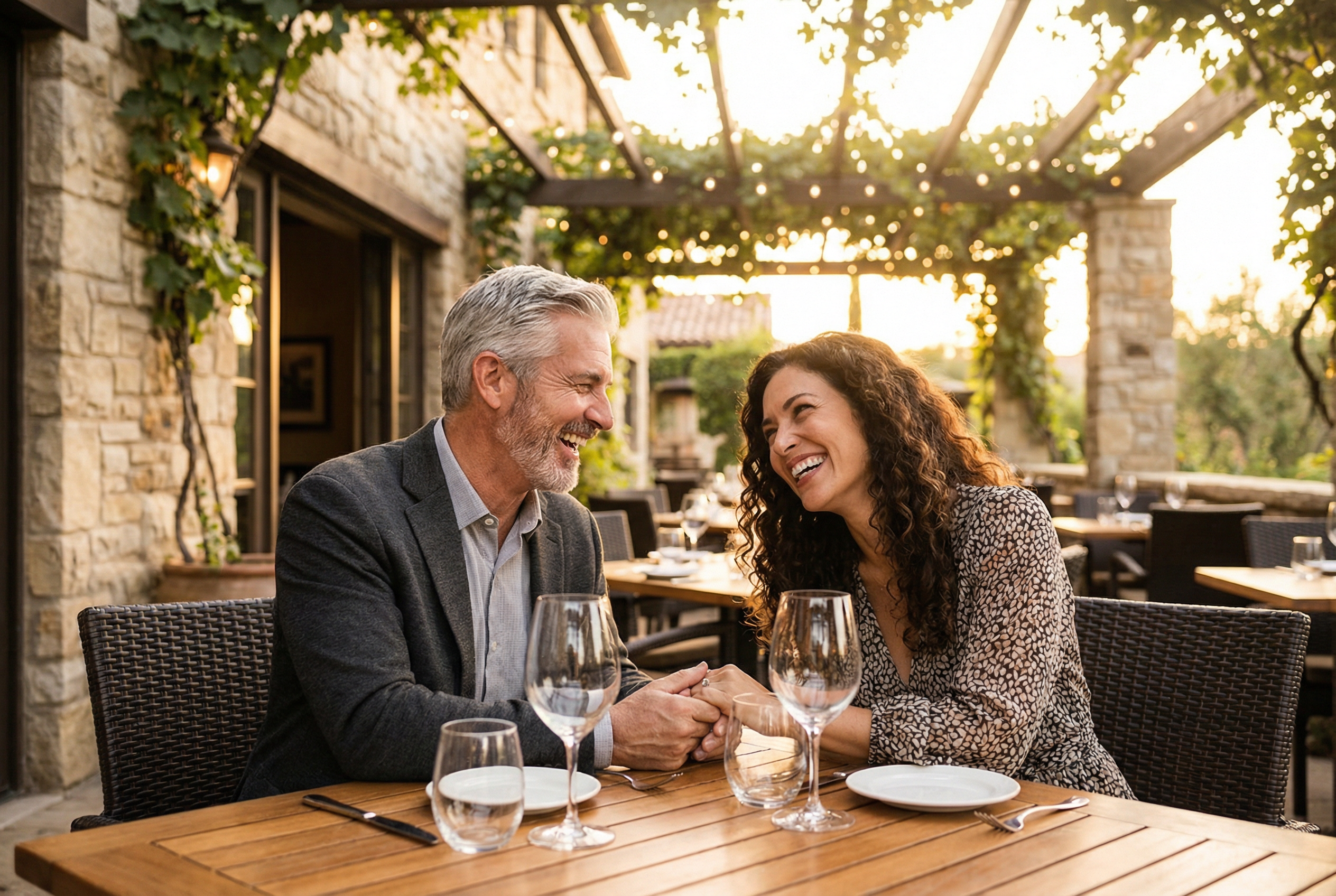 A distinguished man in his 60s laughing with a beautiful younger woman at a restaurant